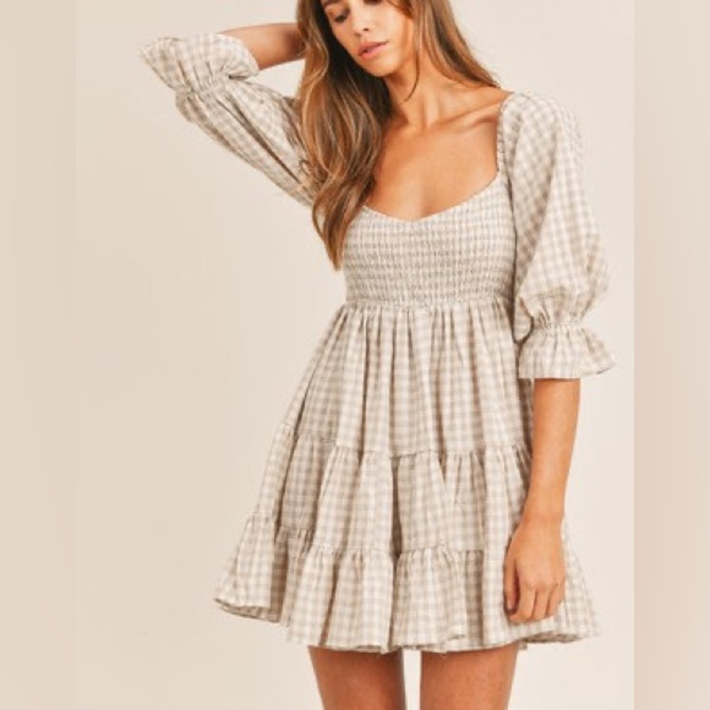 MOVING SALE! Gingham Beige Smocked Puff Sleeve Tiered Boutique Dress